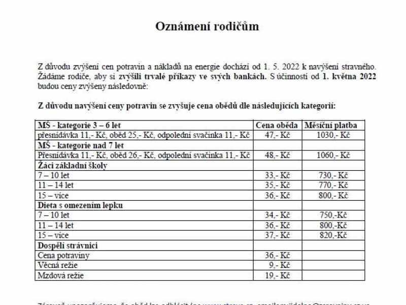 oznámení rodičům o zvýšení ceny stravného