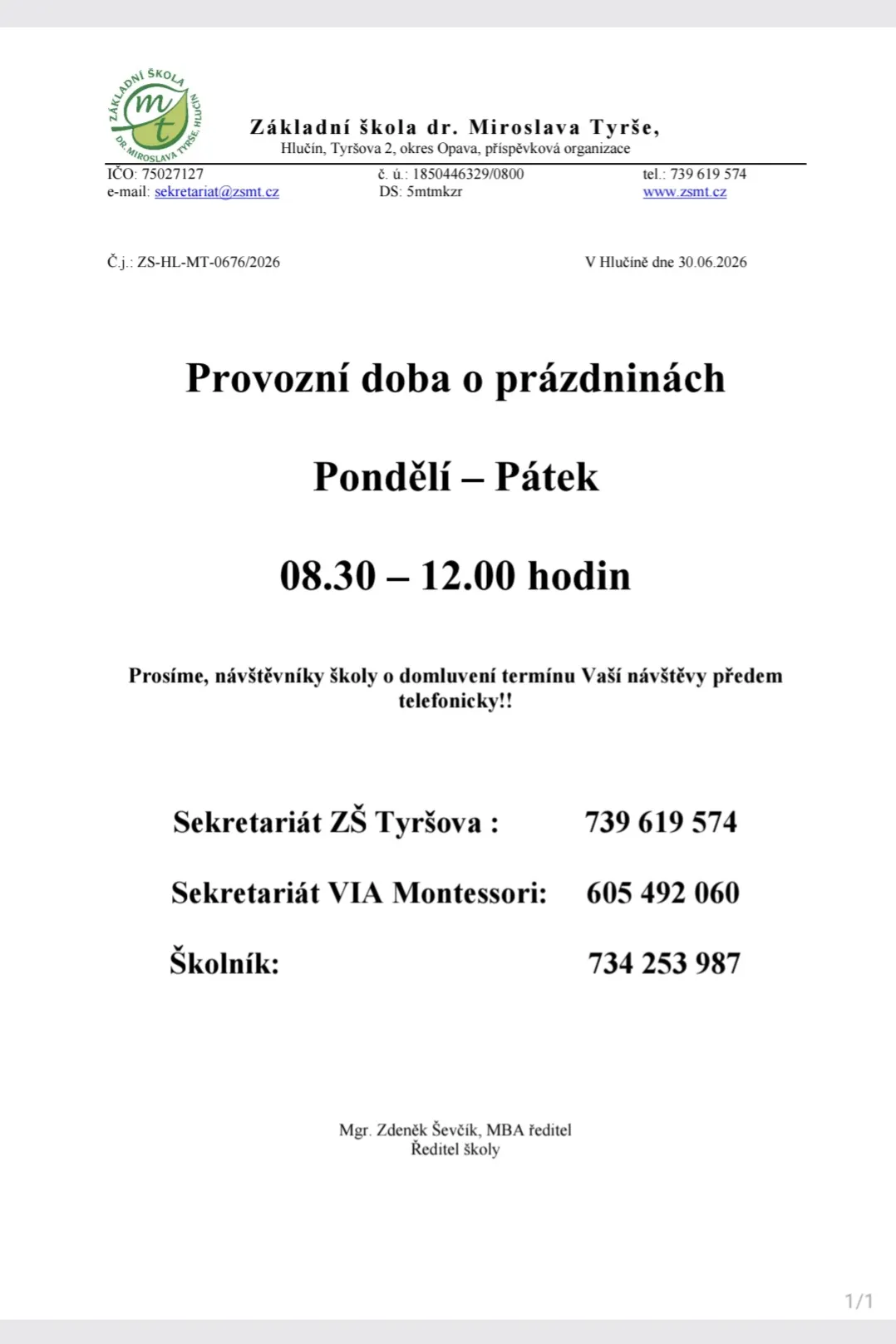 Provozní doba o prázdninách