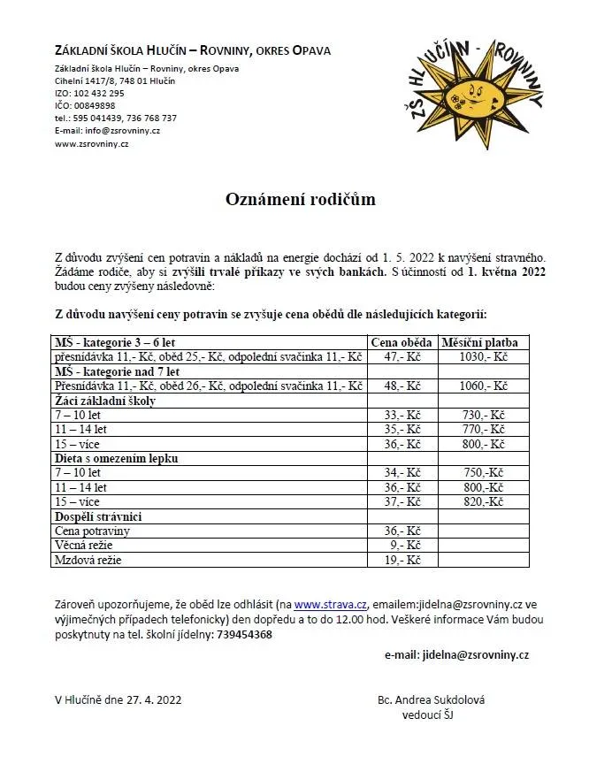 oznámení rodičům o zvýšení ceny stravného